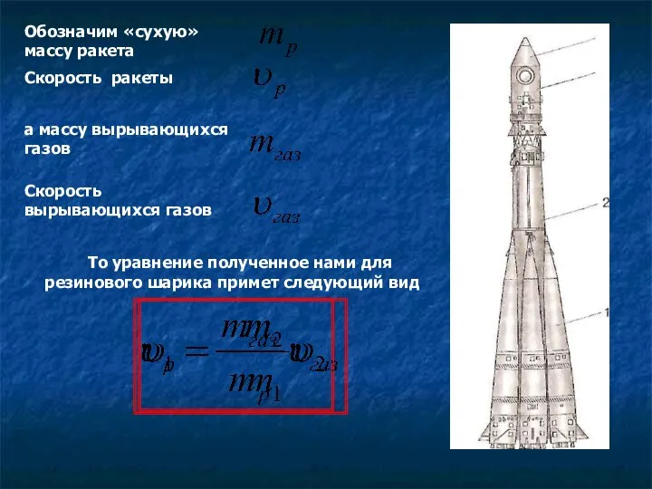 Обозначим «сухую» массу ракета Скорость ракеты а массу вырывающихся газов Скорость