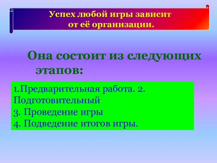 Она состоит из следующих этапов: 1.Предварительная работа. 2.Подготовительный 3. Проведение игры