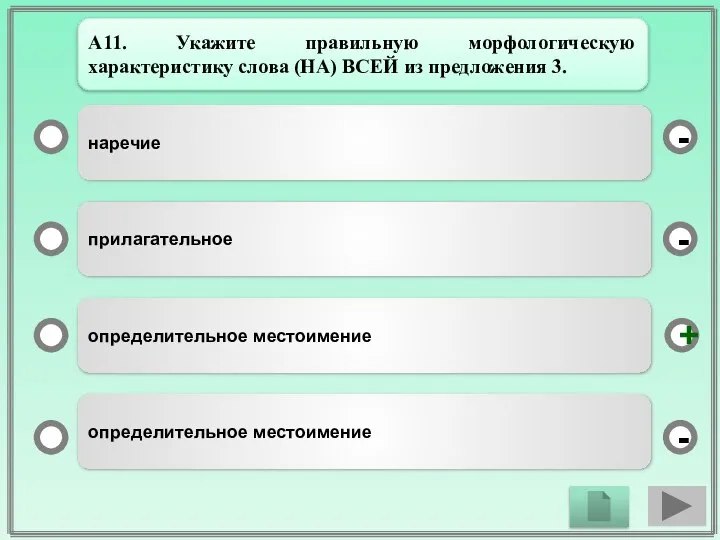 наречие прилагательное определительное местоимение определительное местоимение - - + - А11.