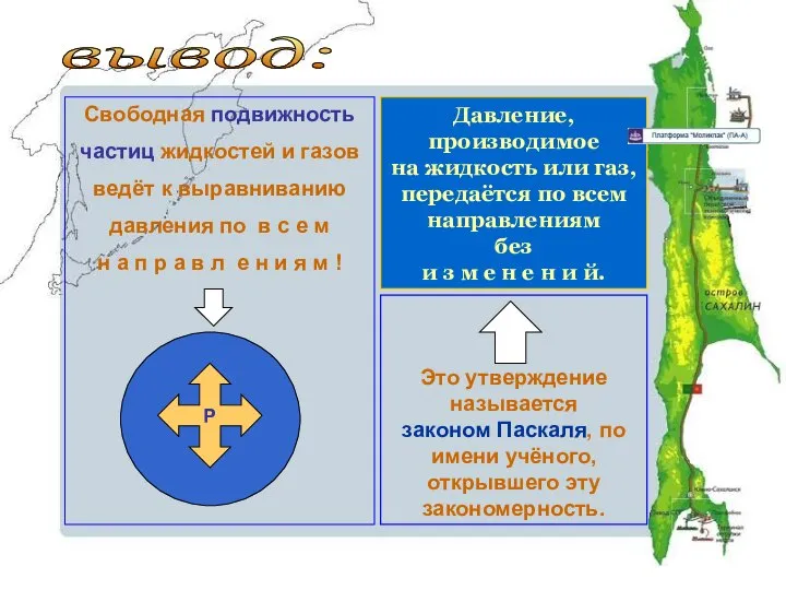 вывод: Свободная подвижность частиц жидкостей и газов ведёт к выравниванию давления