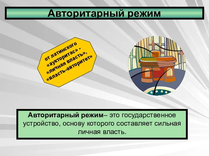 Авторитарный режим Авторитарный режим– это государственное устройство, основу которого составляет сильная личная власть.