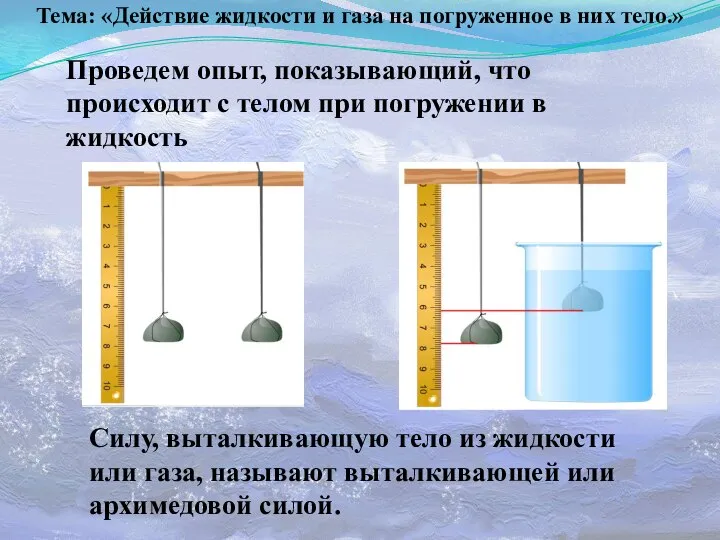 Тема: «Действие жидкости и газа на погруженное в них тело.» Проведем