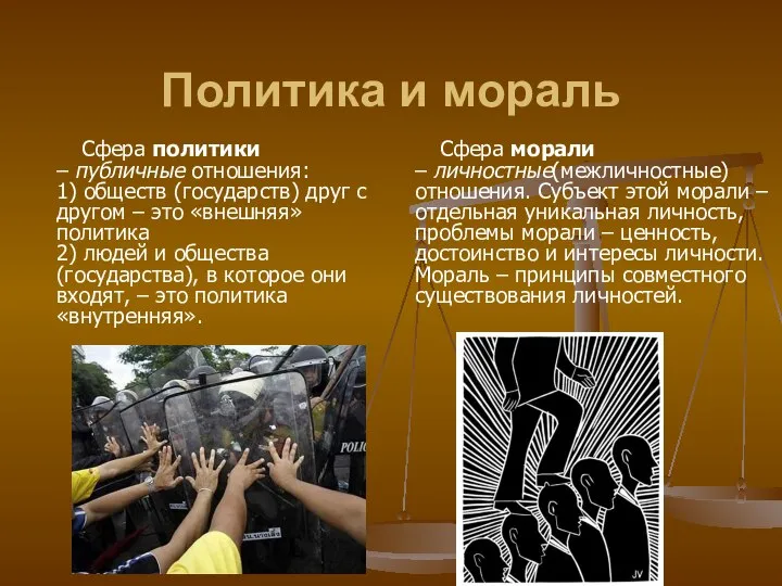 Политика и мораль Сфера политики – публичные отношения: 1) обществ (государств)