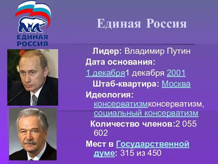 Единая Россия Лидер: Владимир Путин Дата основания: 1 декабря1 декабря 2001