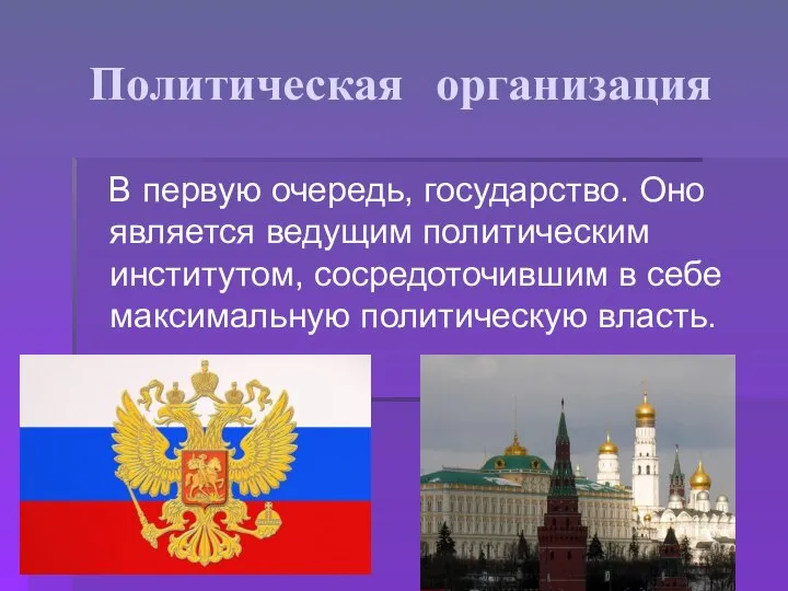 Политическая организация В первую очередь, государство. Оно является ведущим политическим институтом,