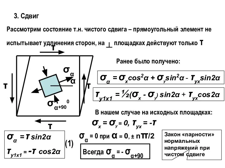 3. Сдвиг Рассмотрим состояние т.н. чистого сдвига – прямоугольный элемент не