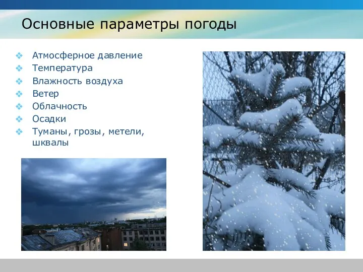 Основные параметры погоды Атмосферное давление Температура Влажность воздуха Ветер Облачность Осадки Туманы, грозы, метели, шквалы