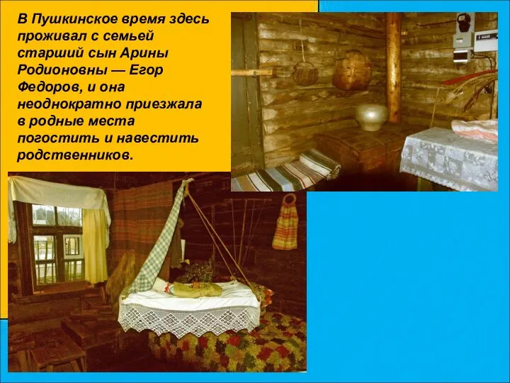 В Пушкинское время здесь проживал с семьей старший сын Арины Родионовны