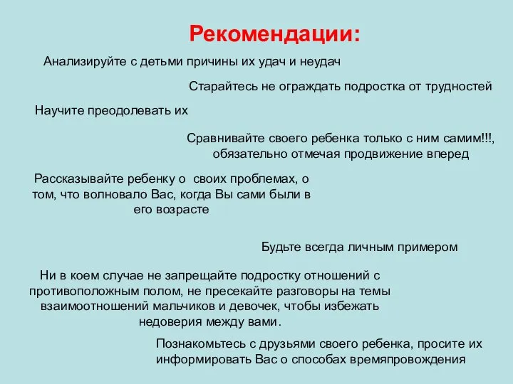 Рекомендации: Анализируйте с детьми причины их удач и неудач Старайтесь не