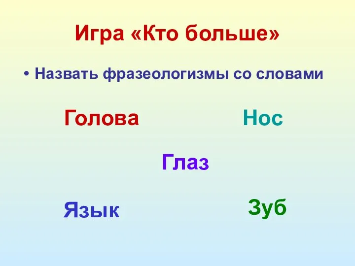 Игра «Кто больше» Назвать фразеологизмы со словами Голова Глаз Нос Зуб Язык