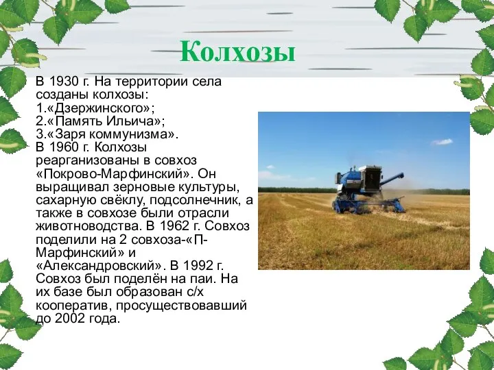 Колхозы В 1930 г. На территории села созданы колхозы: 1.«Дзержинского»; 2.«Память