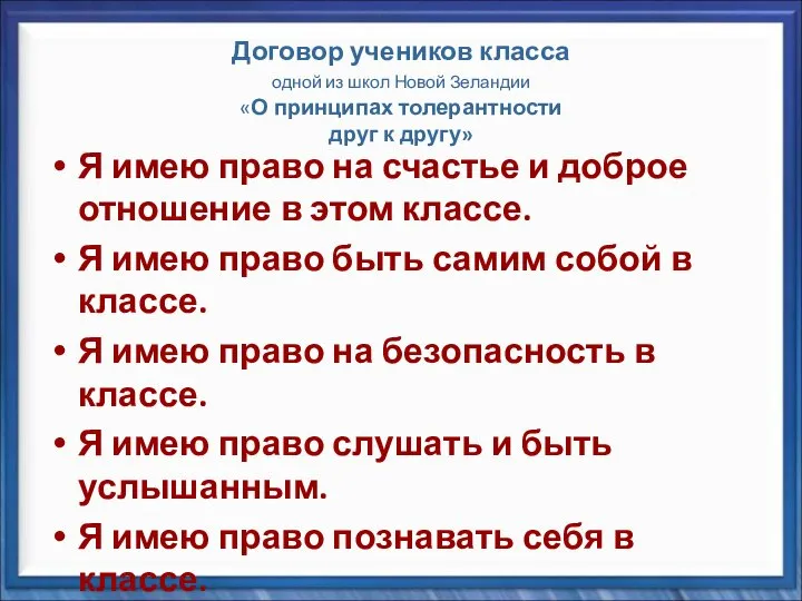 Договор учеников класса одной из школ Новой Зеландии «О принципах толерантности