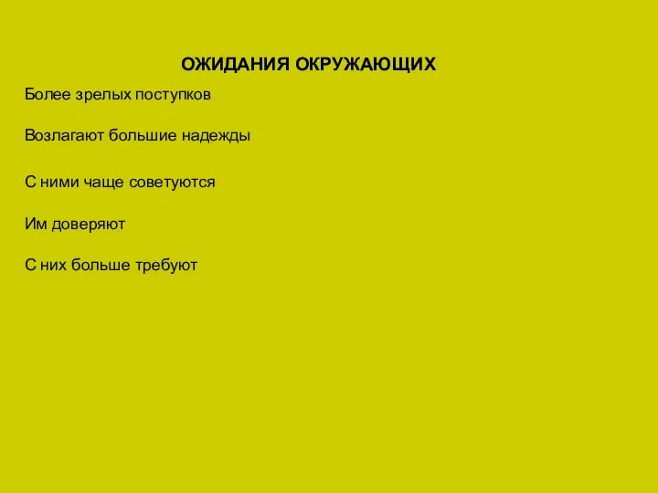 ОЖИДАНИЯ ОКРУЖАЮЩИХ Более зрелых поступков Возлагают большие надежды С ними чаще