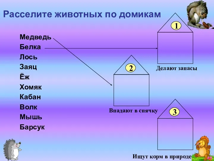 Расселите животных по домикам Медведь Белка Лось Заяц Ёж Хомяк Кабан