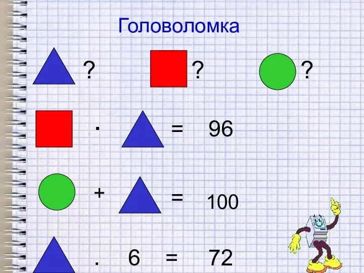 Головоломка = 96 . + = 100 . 6 = 72 ? ? ?