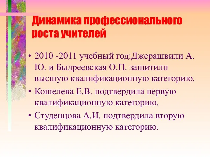 Динамика профессионального роста учителей 2010 -2011 учебный год:Джерашвили А.Ю. и Быдреевская