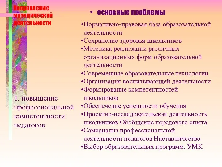 основные проблемы 1. повышение профессиональной компетентности педагогов Нормативно-правовая база образовательной деятельности