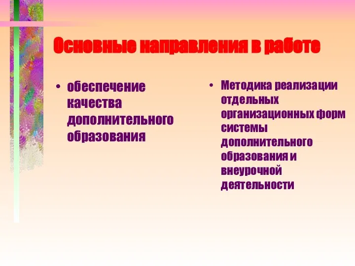 Основные направления в работе обеспечение качества дополнительного образования Методика реализации отдельных