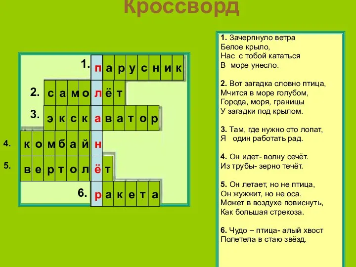 Кроссворд 1. Зачерпнуло ветра Белое крыло, Нас с тобой кататься В