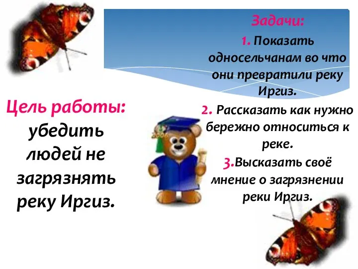 Цель работы: убедить людей не загрязнять реку Иргиз. Задачи: 1. Показать