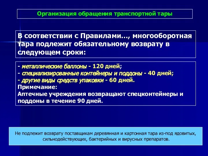 Организация обращения транспортной тары - металлические баллоны - 120 дней; -