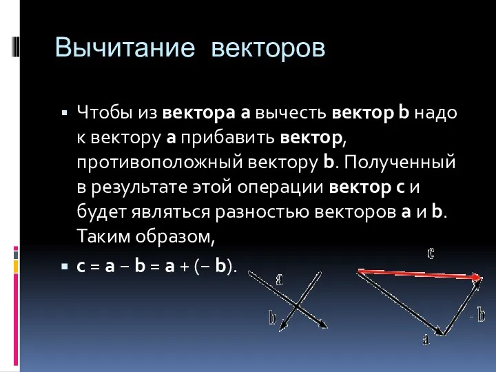 Вычитание векторов Чтобы из вектора а вычесть вектор b надо к