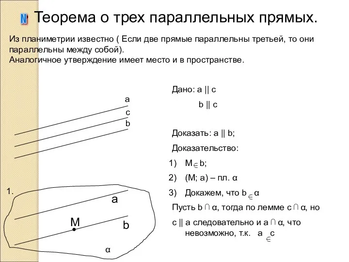 Теорема о трех параллельных прямых. N a b c b α