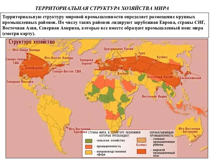 Территориальную структуру мировой промышленности определяет размещение крупных промышленных районов. По числу