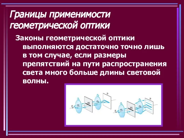 Границы применимости геометрической оптики Законы геометрической оптики выполняются достаточно точно лишь