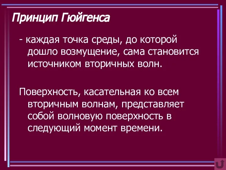 Принцип Гюйгенса - каждая точка среды, до которой дошло возмущение, сама