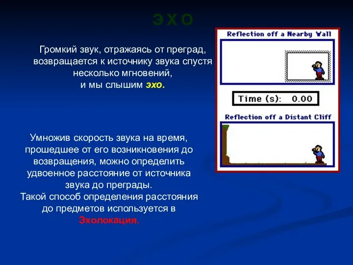 Э Х О Громкий звук, отражаясь от преград, возвращается к источнику