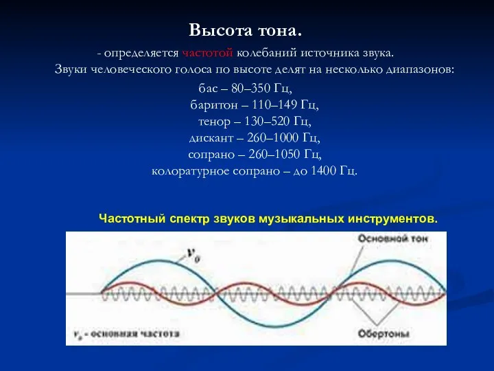 Высота тона. - определяется частотой колебаний источника звука. Звуки человеческого голоса