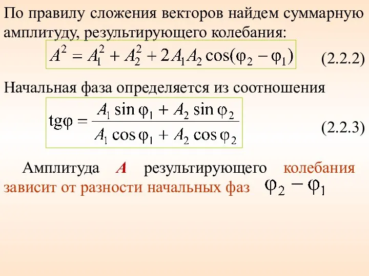 По правилу сложения векторов найдем суммарную амплитуду, результирующего колебания: (2.2.2) Начальная
