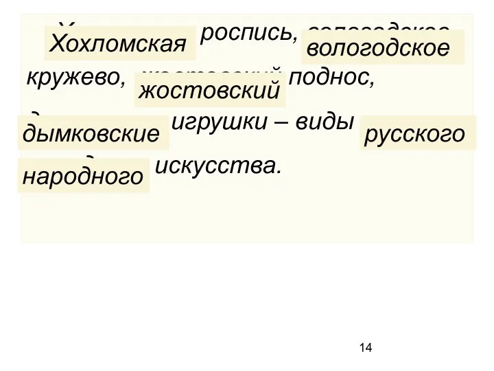 Хохломская роспись, вологодское кружево, жостовский поднос, дымковские игрушки – виды русского