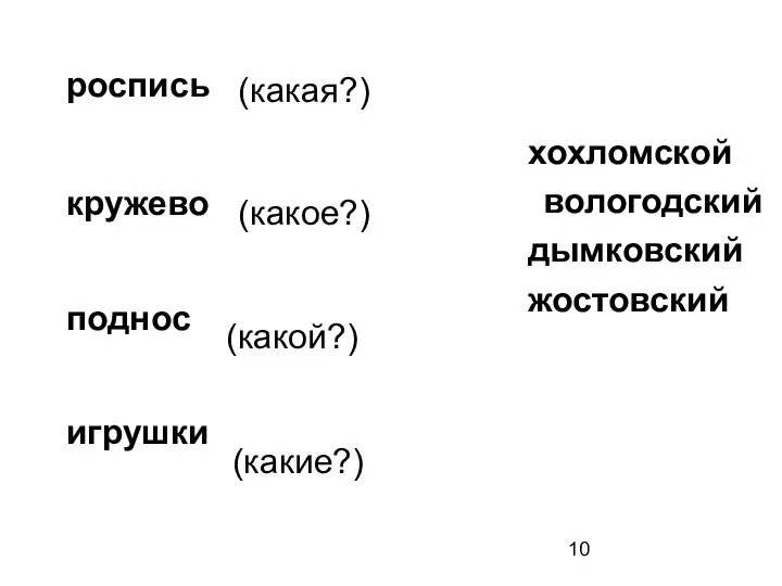 роспись кружево поднос игрушки жостовский вологодский дымковский хохломской (какая?) (какое?) (какой?) (какие?)