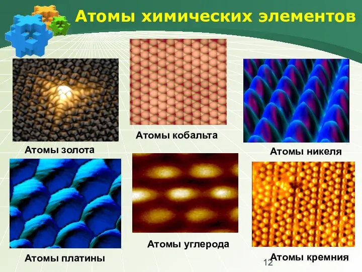 Атомы химических элементов Атомы золота Атомы кобальта Атомы никеля Атомы платины Атомы углерода Атомы кремния