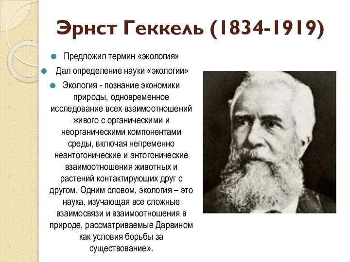 Эрнст Геккель (1834-1919) Предложил термин «экология» Дал определение науки «экологии» Экология