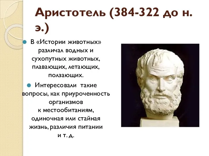 Аристотель (384-322 до н.э.) В «Истории животных» различал водных и сухопутных