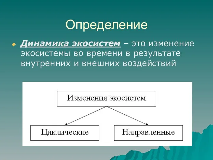 Определение Динамика экосистем – это изменение экосистемы во времени в результате внутренних и внешних воздействий