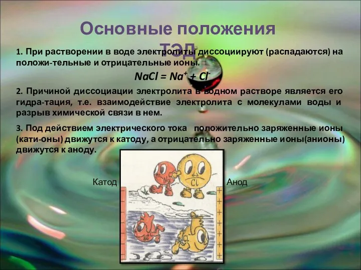 Основные положения ТЭД 1. При растворении в воде электролиты диссоциируют (распадаются)