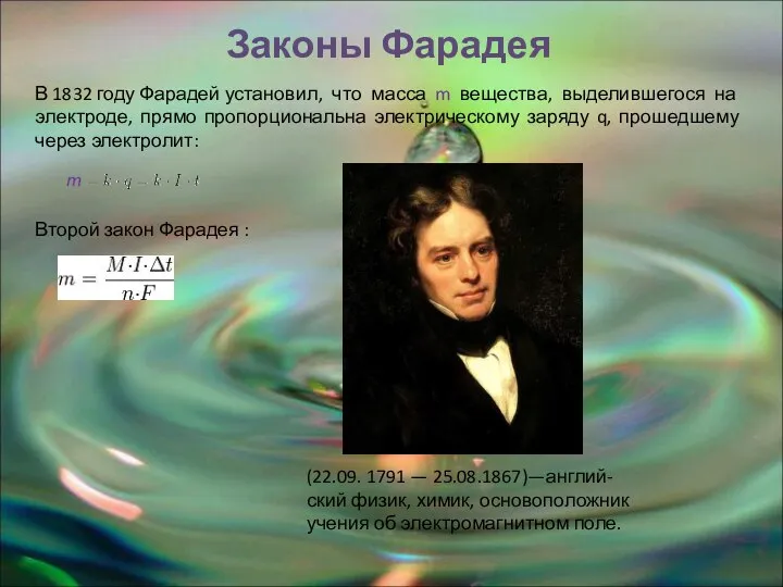 Законы Фарадея (22.09. 1791 — 25.08.1867)—англий-ский физик, химик, основоположник учения об электромагнитном поле.