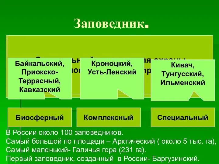 Заповедник. Природная территория полностью исключённая из хозяйственной деятельности для охраны природы