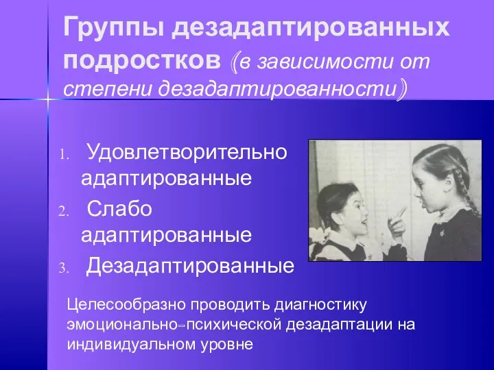 Группы дезадаптированных подростков (в зависимости от степени дезадаптированности) Удовлетворительно адаптированные Слабо