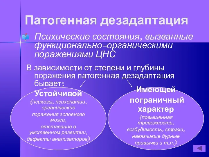 Патогенная дезадаптация Психические состояния, вызванные функционально-органическими поражениями ЦНС В зависимости от