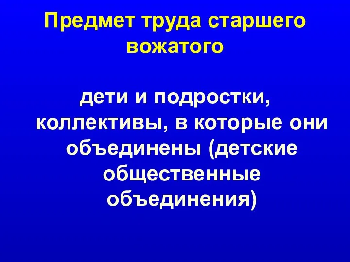 Предмет труда старшего вожатого дети и подростки, коллективы, в которые они объединены (детские общественные объединения)