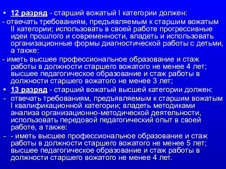 12 разряд - старший вожатый I категории должен: - отвечать требованиям,