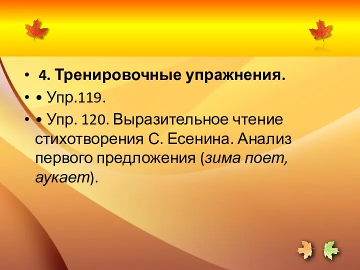 4. Тренировочные упражнения. • Упр.119. • Упр. 120. Выразительное чтение стихотворения