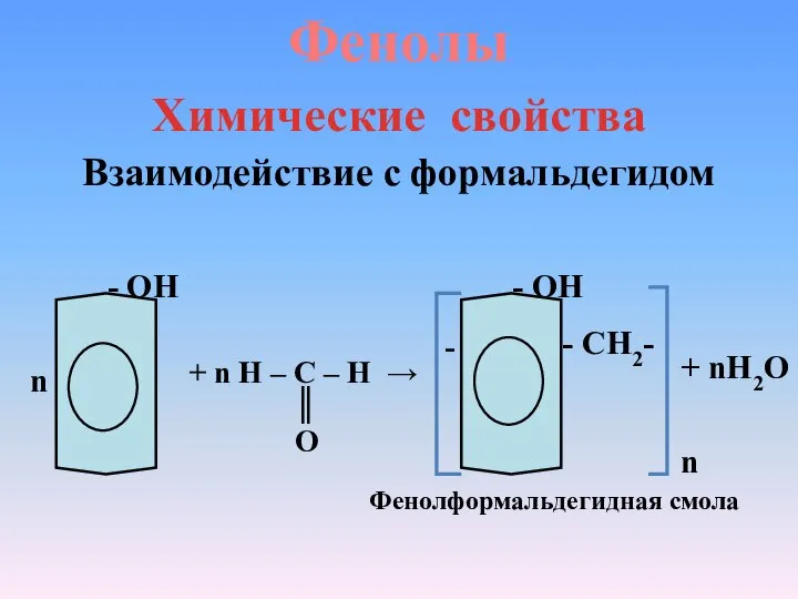 Фенолы Химические свойства Взаимодействие с формальдегидом n - ОН + n