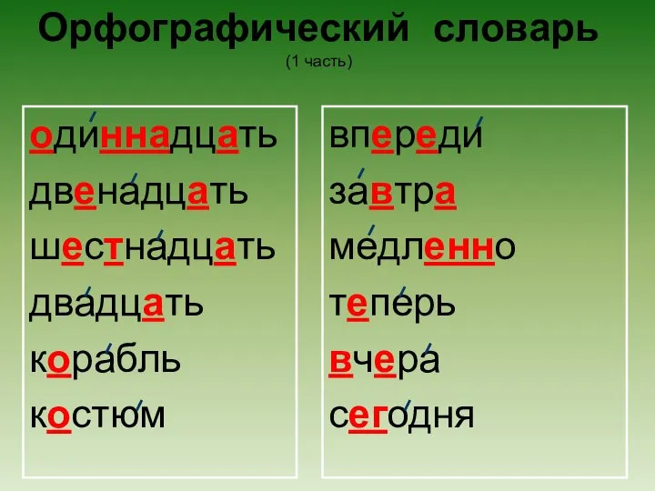 Орфографический словарь (1 часть) одиннадцать двенадцать шестнадцать двадцать корабль костюм впереди завтра медленно теперь вчера сегодня