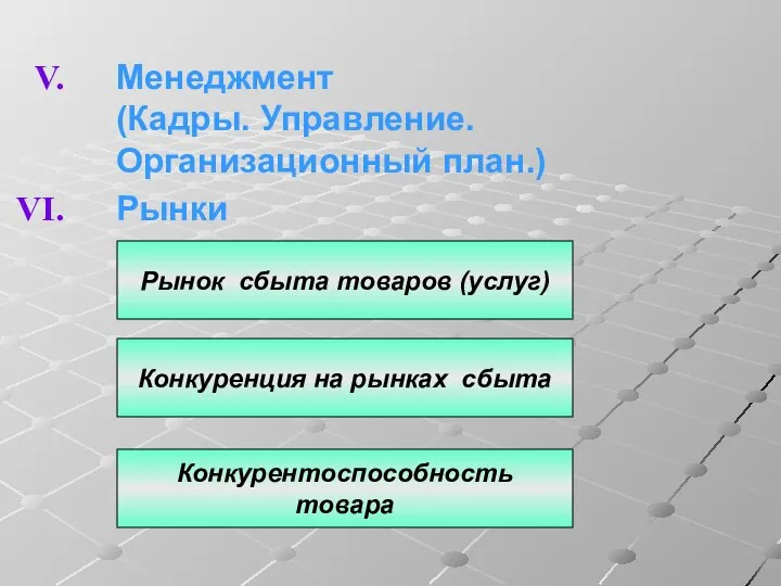 Менеджмент (Кадры. Управление. Организационный план.) Рынки Рынок сбыта товаров (услуг) Конкуренция на рынках сбыта Конкурентоспособность товара